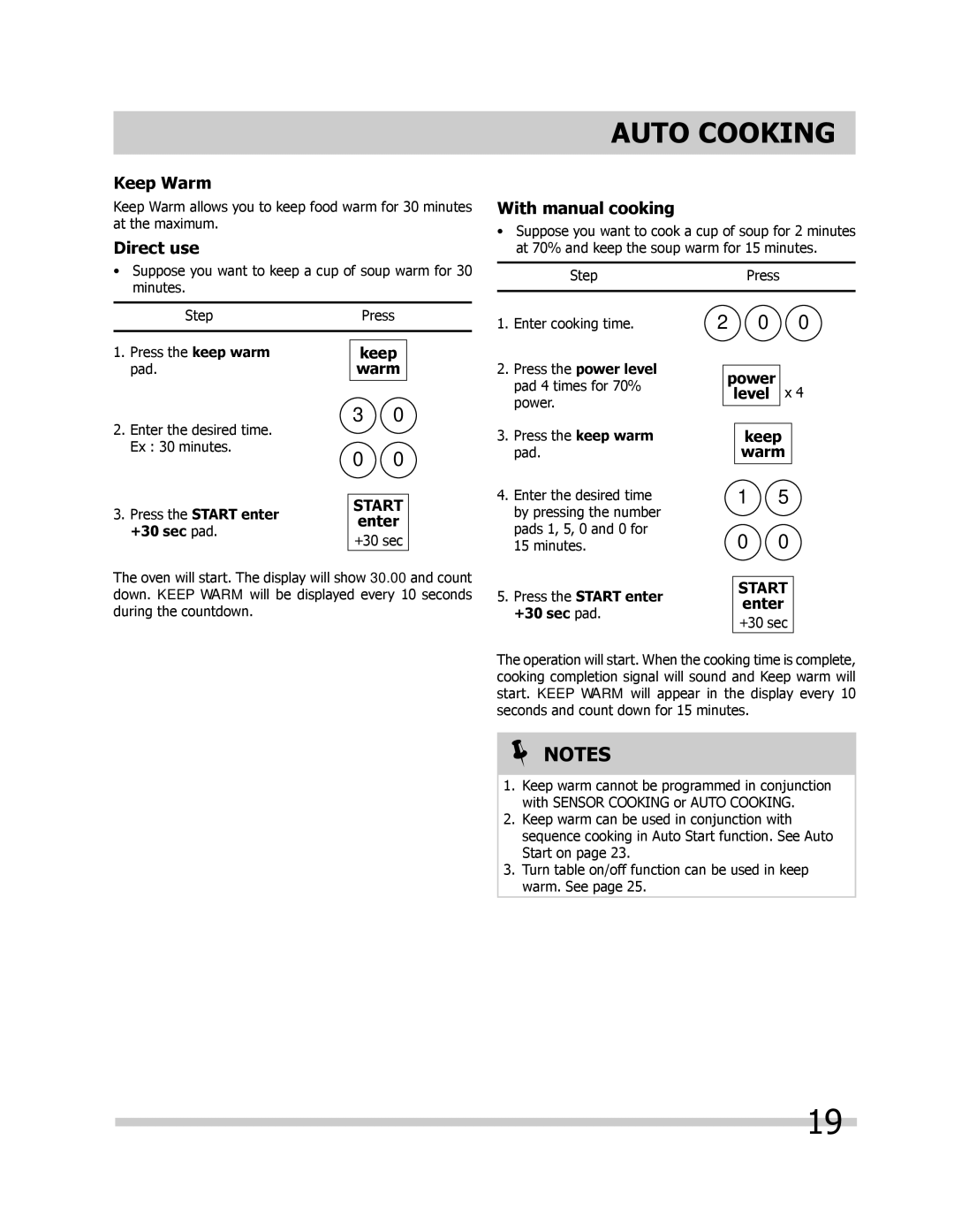 Frigidaire FGMV205KB, FPMV189KF, FGMV205KF, FGMV205KW important safety instructions Keep Warm, Direct use, With manual cooking 