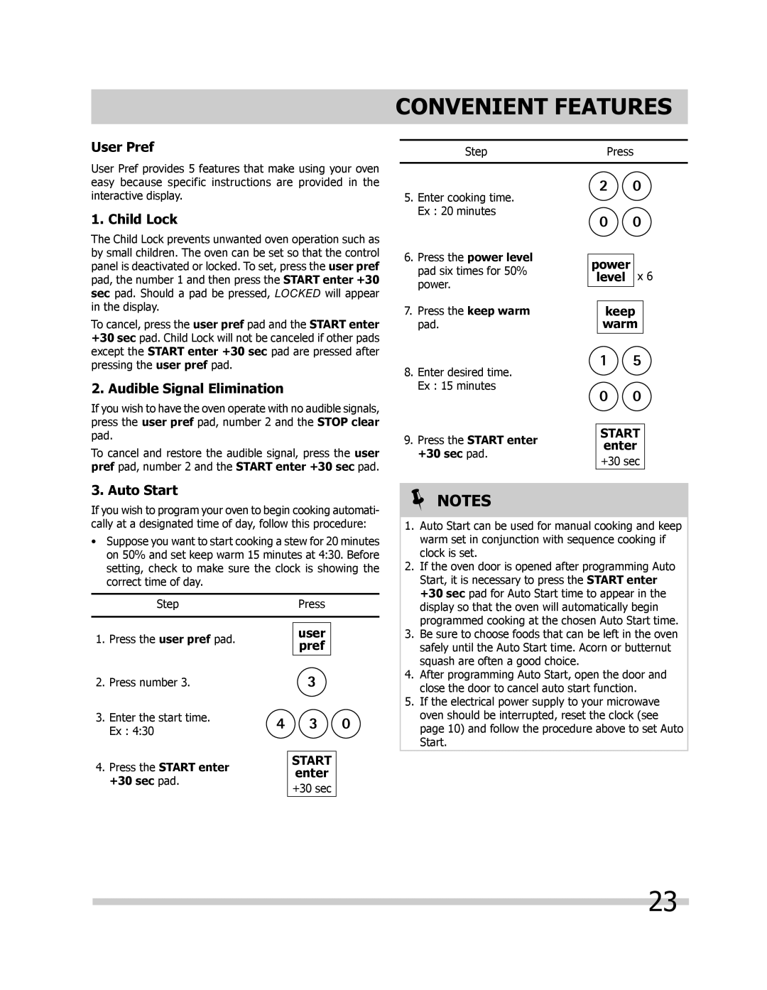 Frigidaire FGMV205KB, FPMV189KF Convenient Features, User Pref, Child Lock, Audible Signal Elimination, Auto Start 