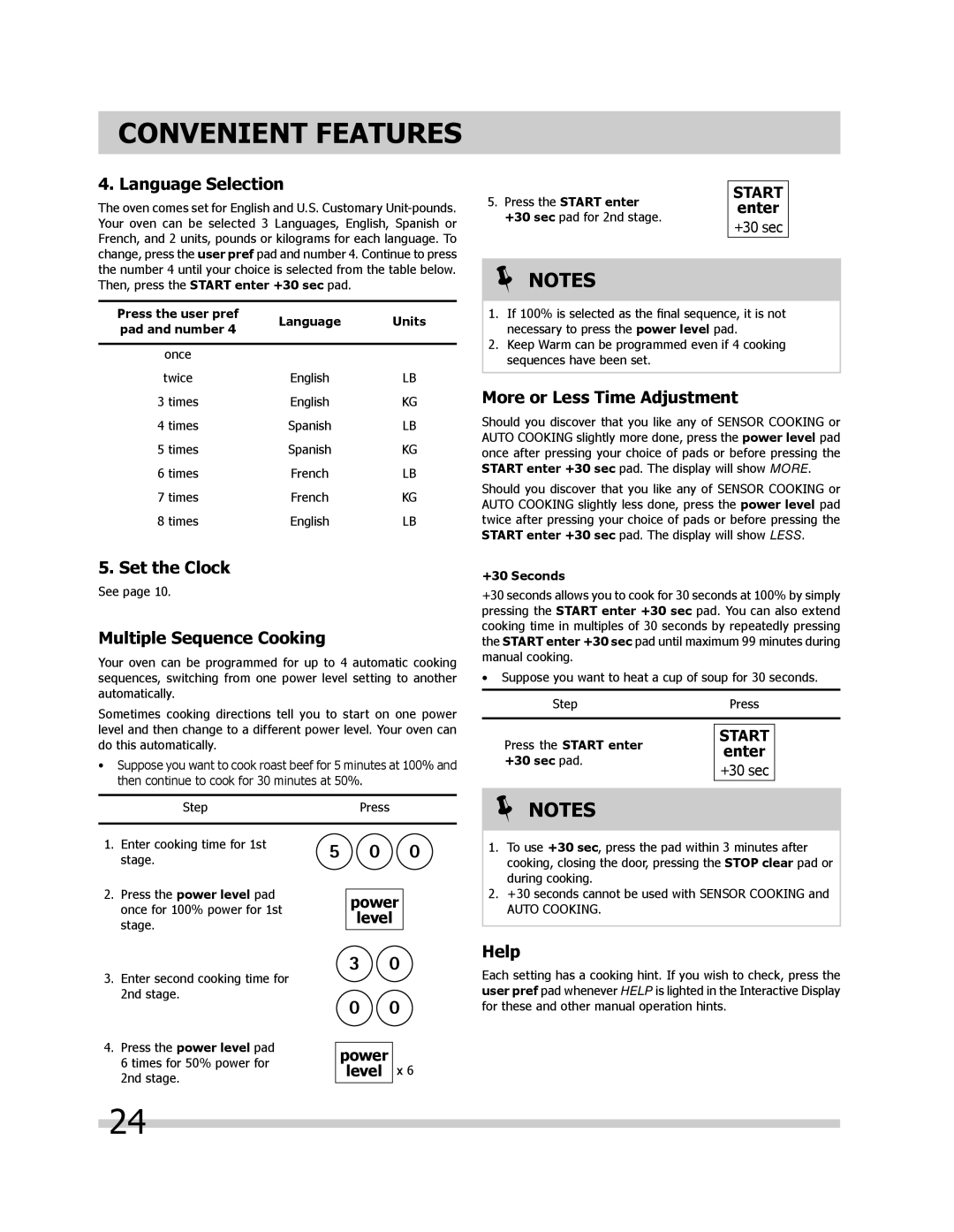 Frigidaire FPMV189KF Language Selection, Set the Clock, Multiple Sequence Cooking, More or Less Time Adjustment, Help 