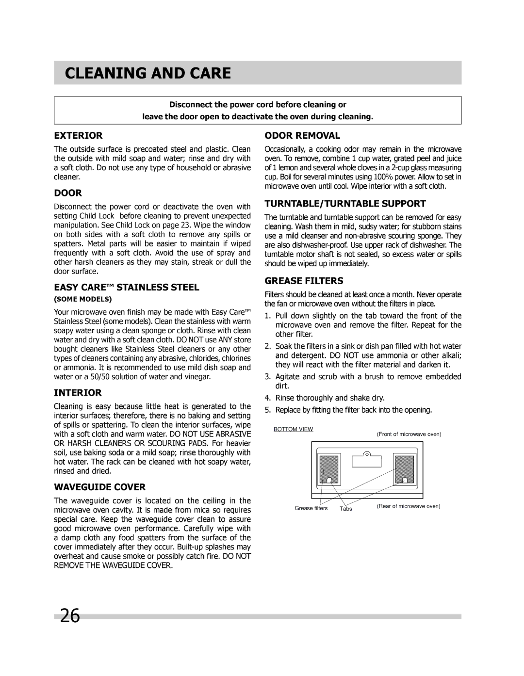 Frigidaire FGMV205KW, FPMV189KF, FGMV205KF, FGMV205KB important safety instructions Cleaning and Care 