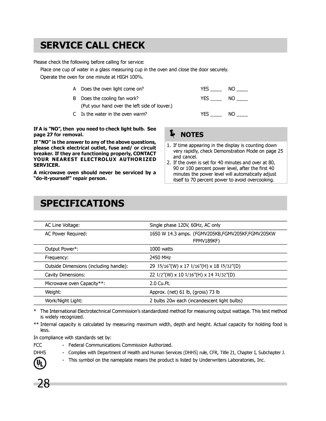 Frigidaire FPMV189KF, FGMV205KF, FGMV205KW, FGMV205KB important safety instructions Service Call Check, Specifications 