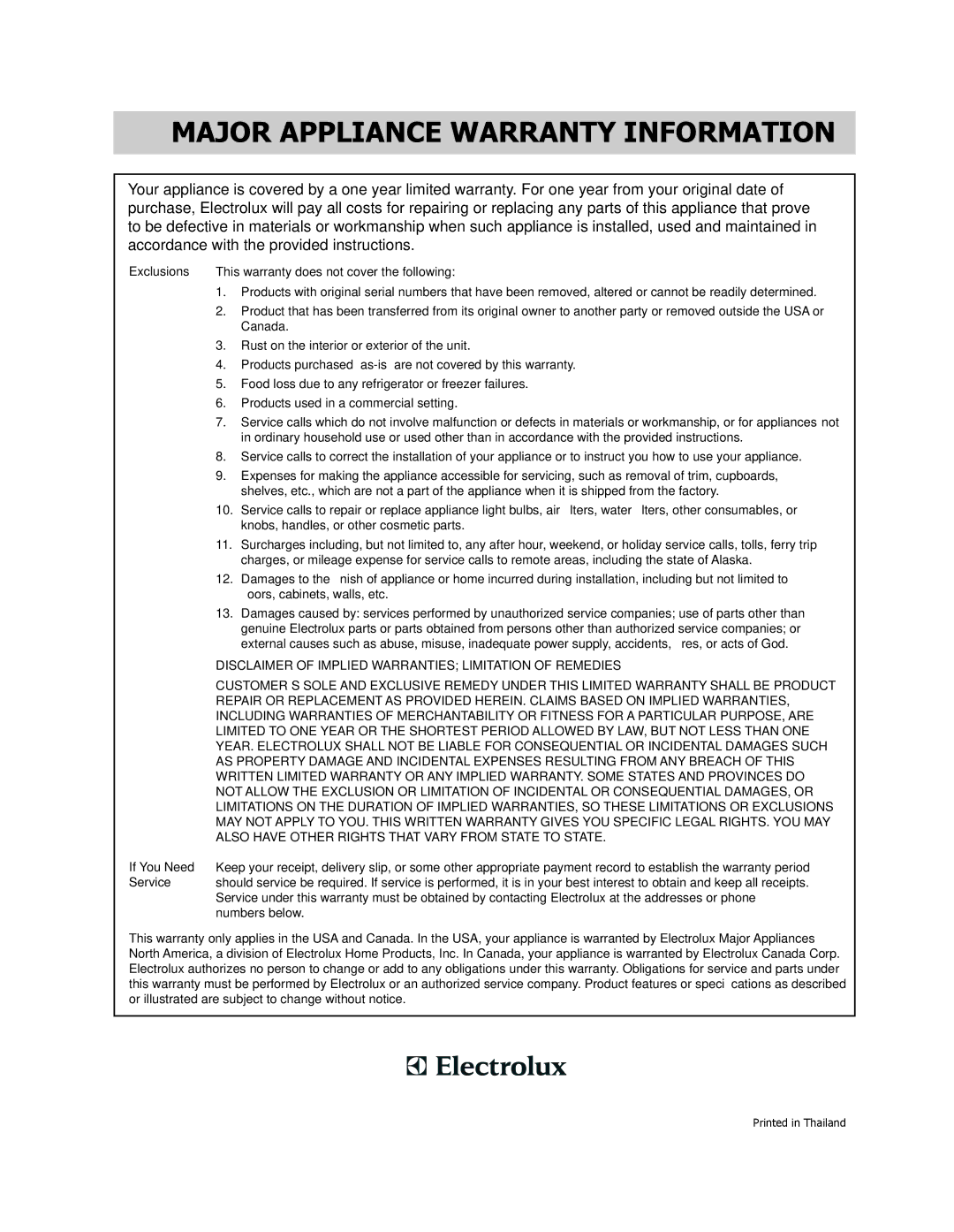 Frigidaire FGMV205KF Major Appliance Warranty Information, Exclusions This warranty does not cover the following 