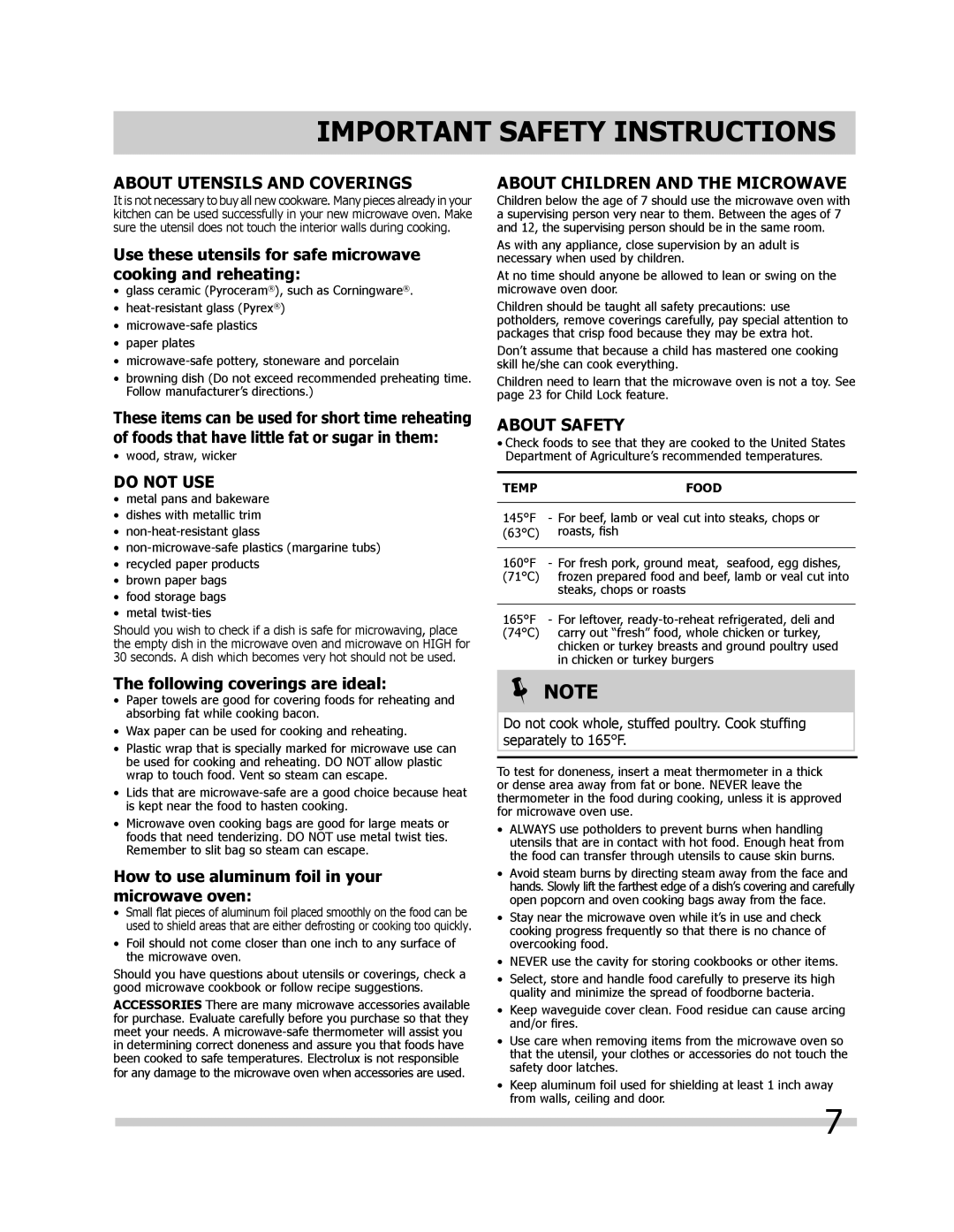 Frigidaire FGMV205KB, FPMV189KF, FGMV205KF About Utensils and Coverings, About Children and the Microwave, About Safety 