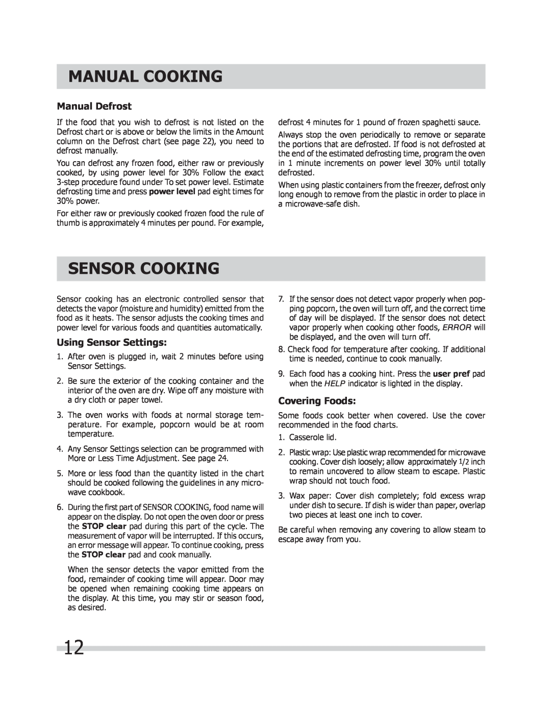 Frigidaire FPMV189KF, FGMV205KF Sensor Cooking, Manual Defrost, Using Sensor Settings, Covering Foods, Manual Cooking 