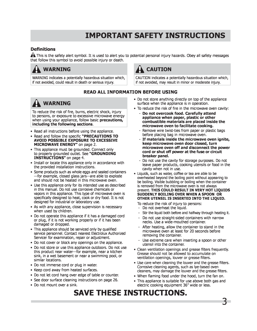 Frigidaire FGMV205KB Save These Instructions, Deﬁnitions, Read All Information Before Using, Important Safety Instructions 