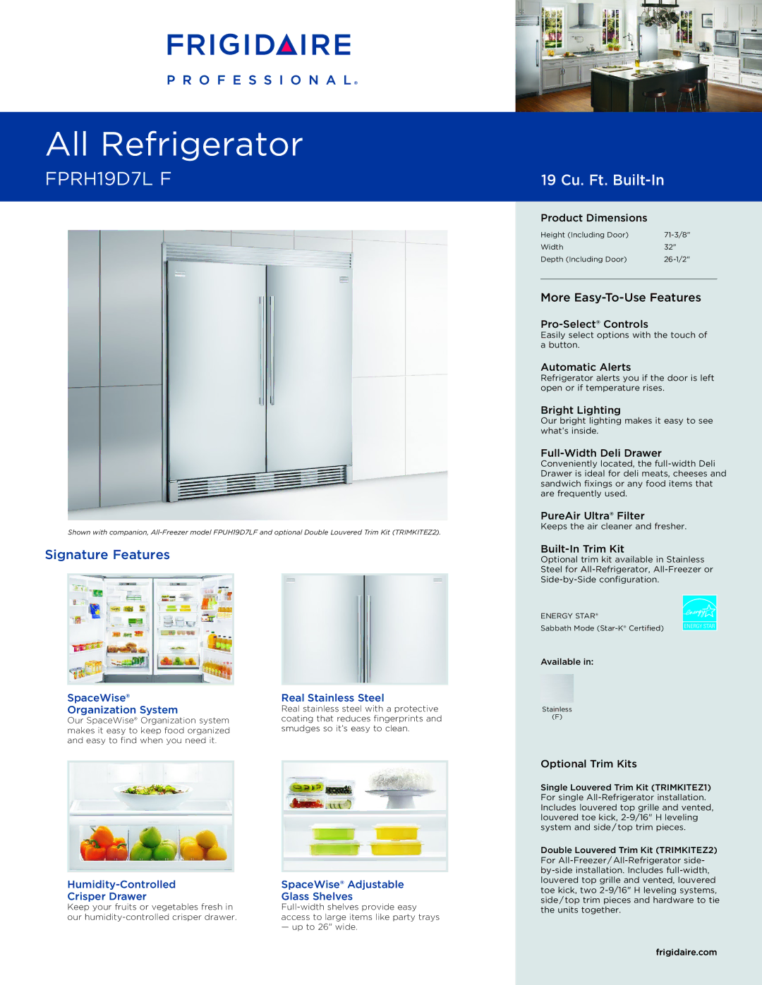 Frigidaire FPRH19D7L F dimensions SpaceWise Real Stainless Steel Organization System 