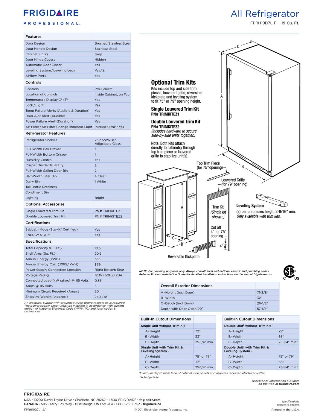 Frigidaire FPRH19D7L F dimensions Controls, Refrigerator Features, Optional Accessories, Certifications, Specifications 