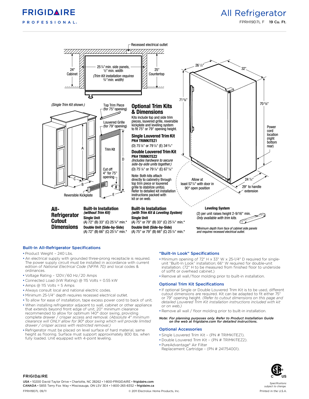 Frigidaire FPRH19D7L F Built-In All-Refrigerator Specifications, Built-In Look Specifications, Optional Accessories 