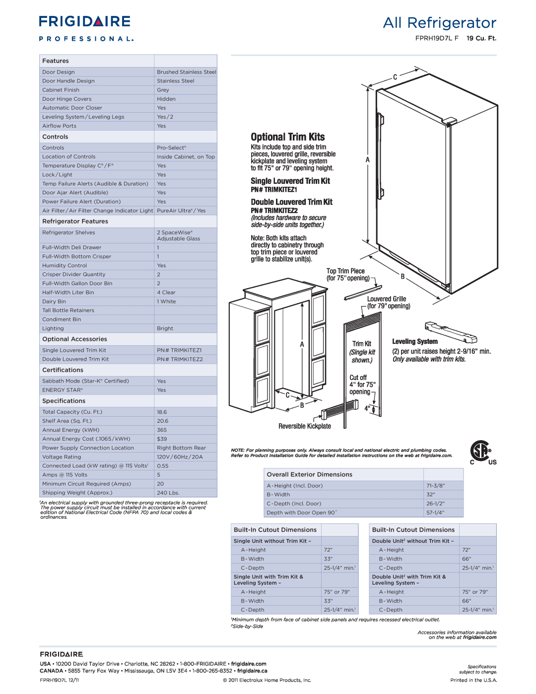 Frigidaire dimensions All Refrigerator, FPRH19D7L F 19 Cu. Ft 