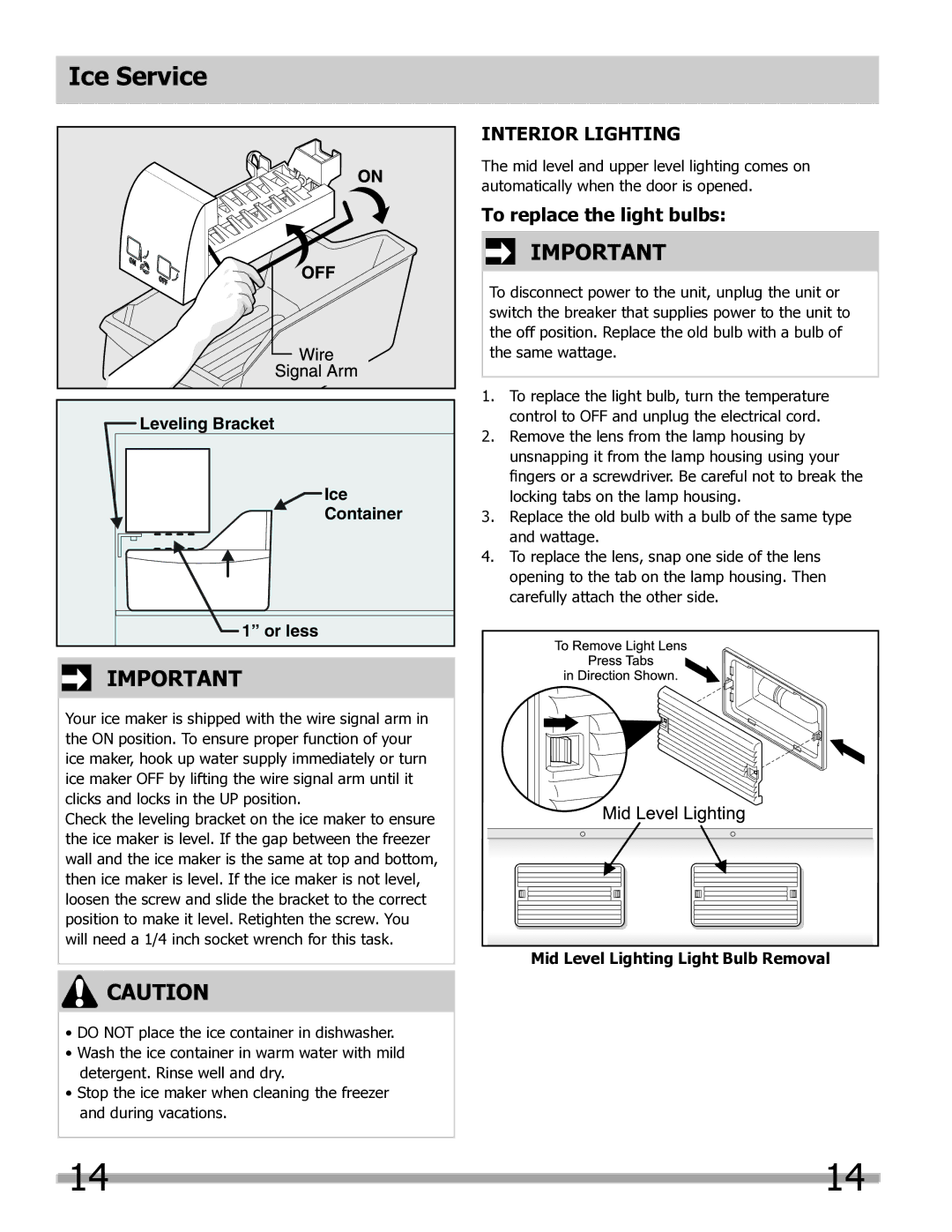 Frigidaire FPUH19D7LF, 297298800 Interior Lighting, To replace the light bulbs, Mid Level Lighting Light Bulb Removal 