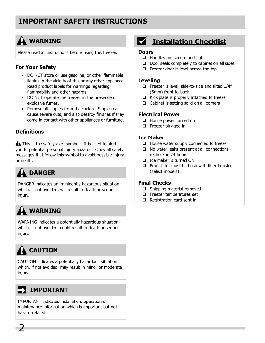 Frigidaire FPUH19D7LF, 297298800 important safety instructions Important Safety Instructions 