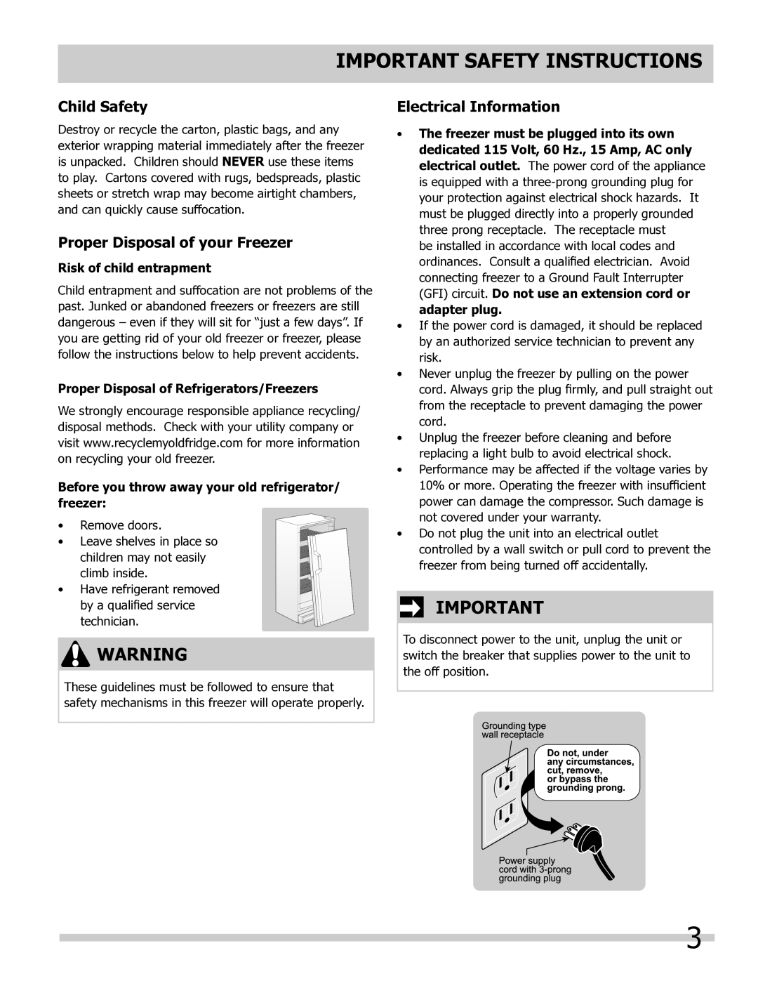 Frigidaire 297298800 Child Safety, Proper Disposal of your Freezer, Electrical Information, Risk of child entrapment 