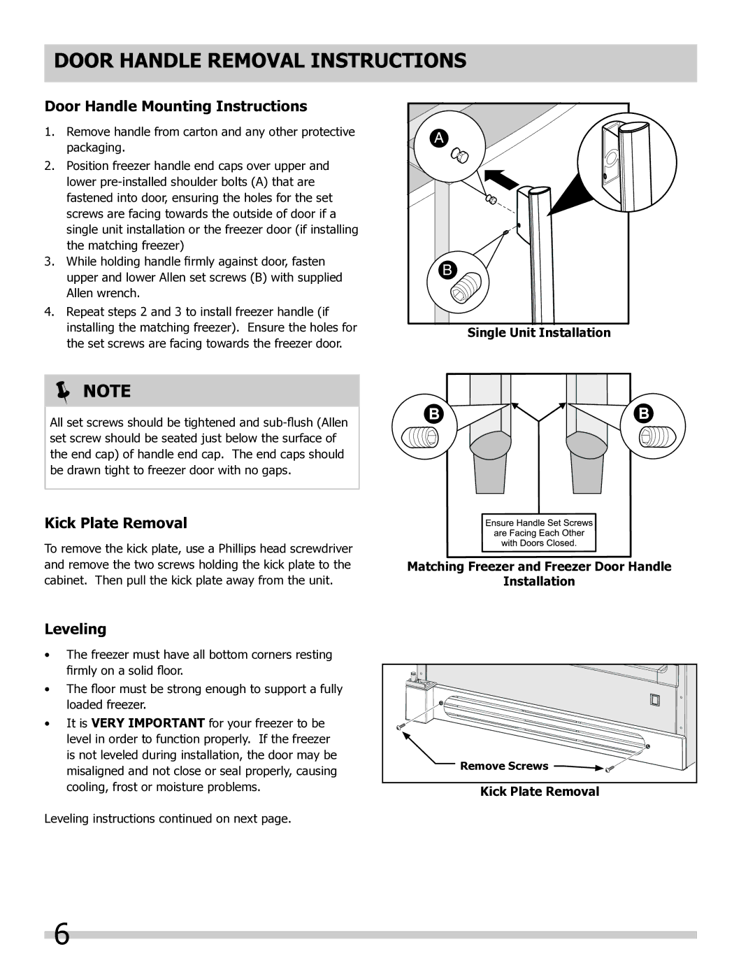 Frigidaire FPUH19D7LF, 297298800 Door Handle Removal Instructions, Door Handle Mounting Instructions, Kick Plate Removal 