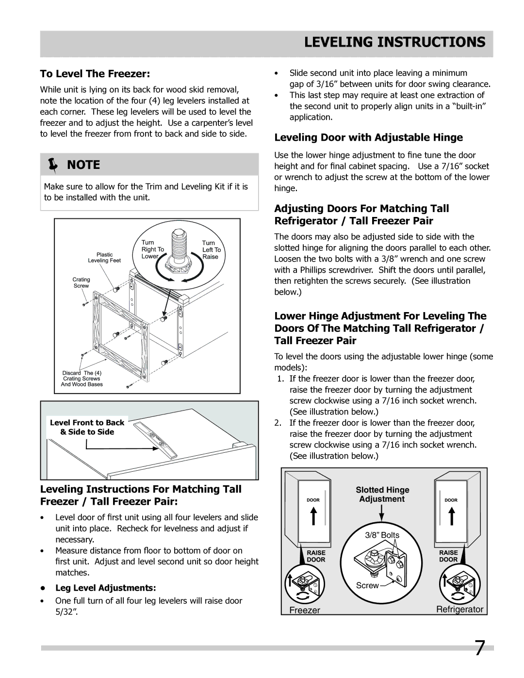 Frigidaire 297298800, FPUH19D7LF Leveling Instructions, To Level The Freezer, Leveling Door with Adjustable Hinge 