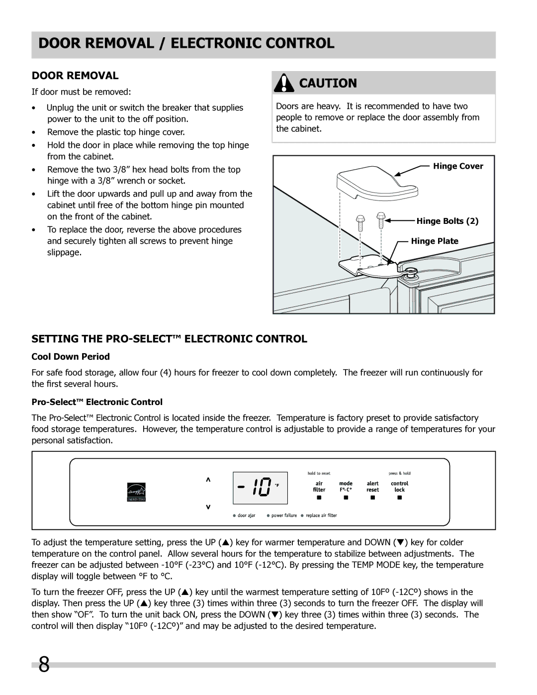 Frigidaire FPUH19D7LF Door Removal / Electronic Control, Setting the PRO-SELECT Electronic Control, Cool Down Period 