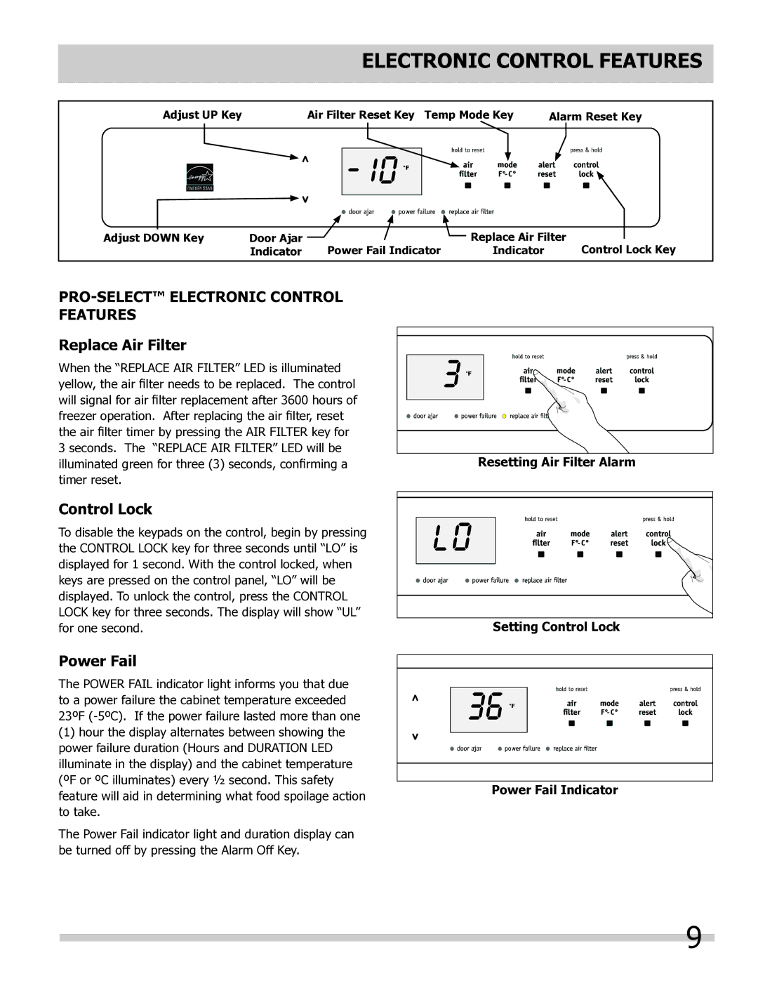 Frigidaire 297298800, FPUH19D7LF PRO-SELECT Electronic Control Features, Replace Air Filter, Control Lock, Power Fail 