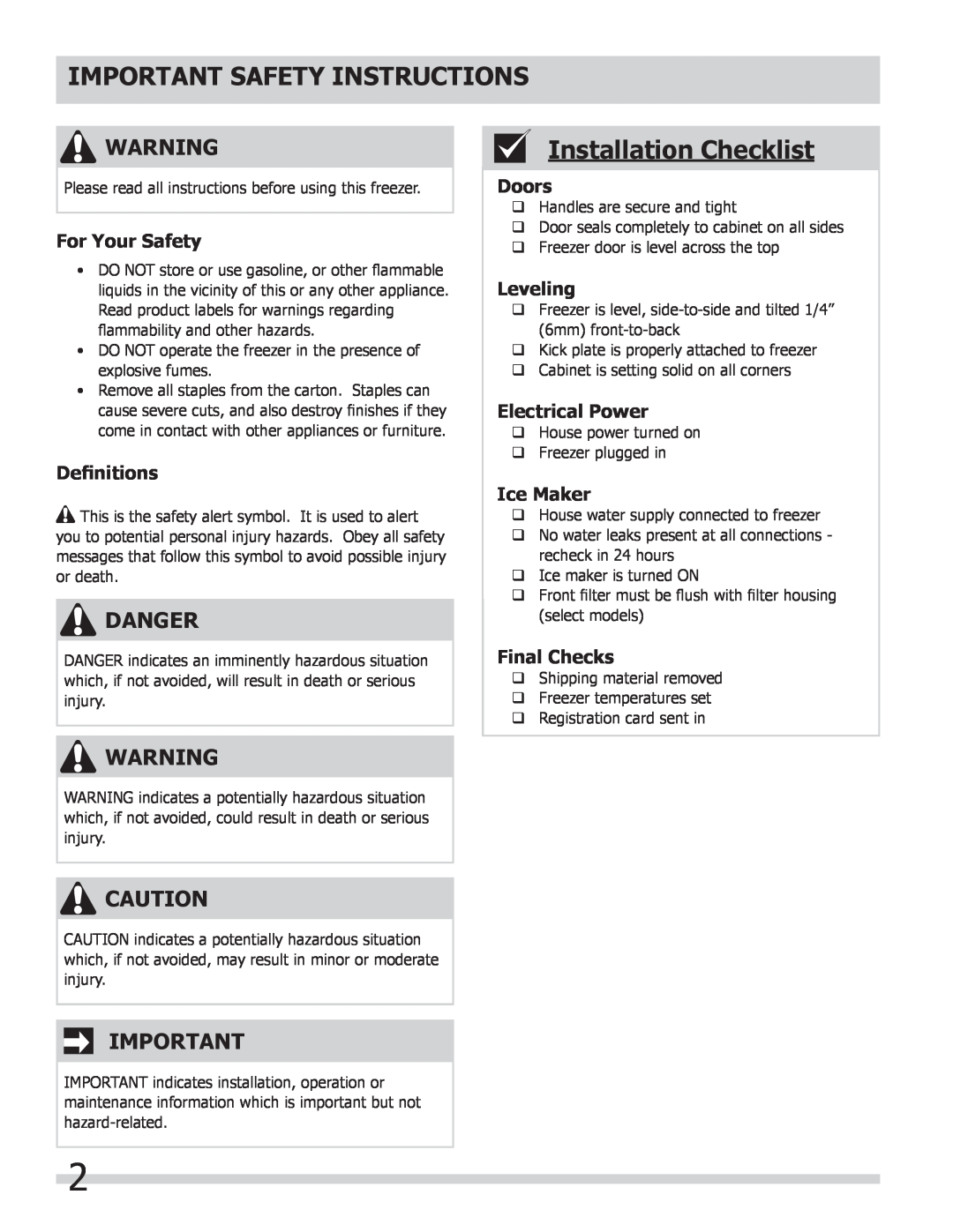 Frigidaire FPUH19D7LF Important Safety Instructions, Installation Checklist, Danger, For Your Safety, Deﬁnitions, Doors 