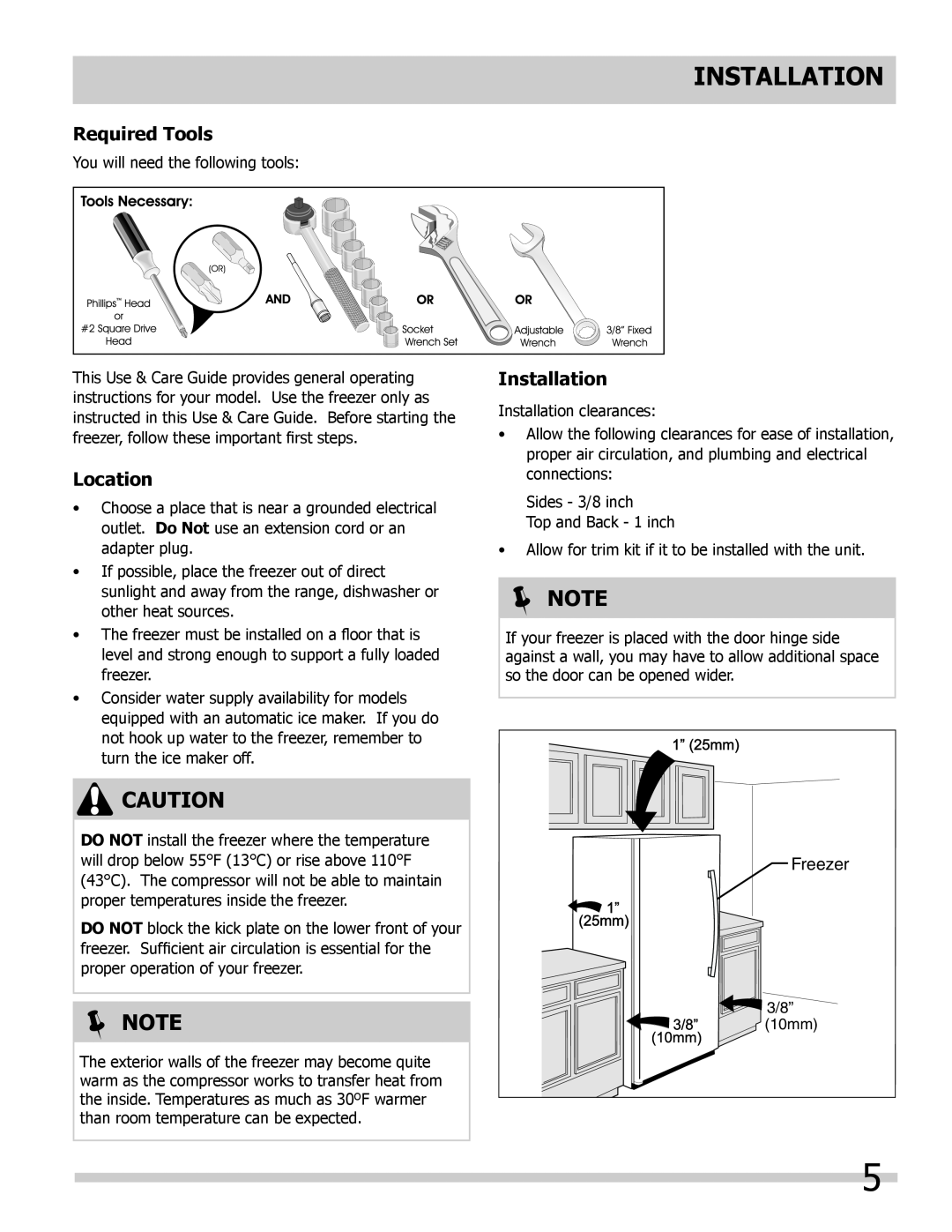 Frigidaire 297298800, FPUH19D7LF important safety instructions Installation, Required Tools, Location,  Note, Freezer 
