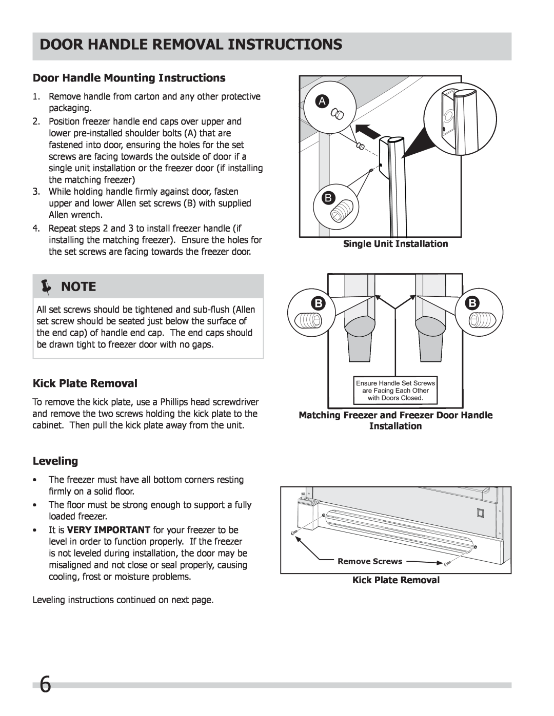 Frigidaire FPUH19D7LF Door Handle Removal Instructions, Door Handle Mounting Instructions, Kick Plate Removal,  Note 