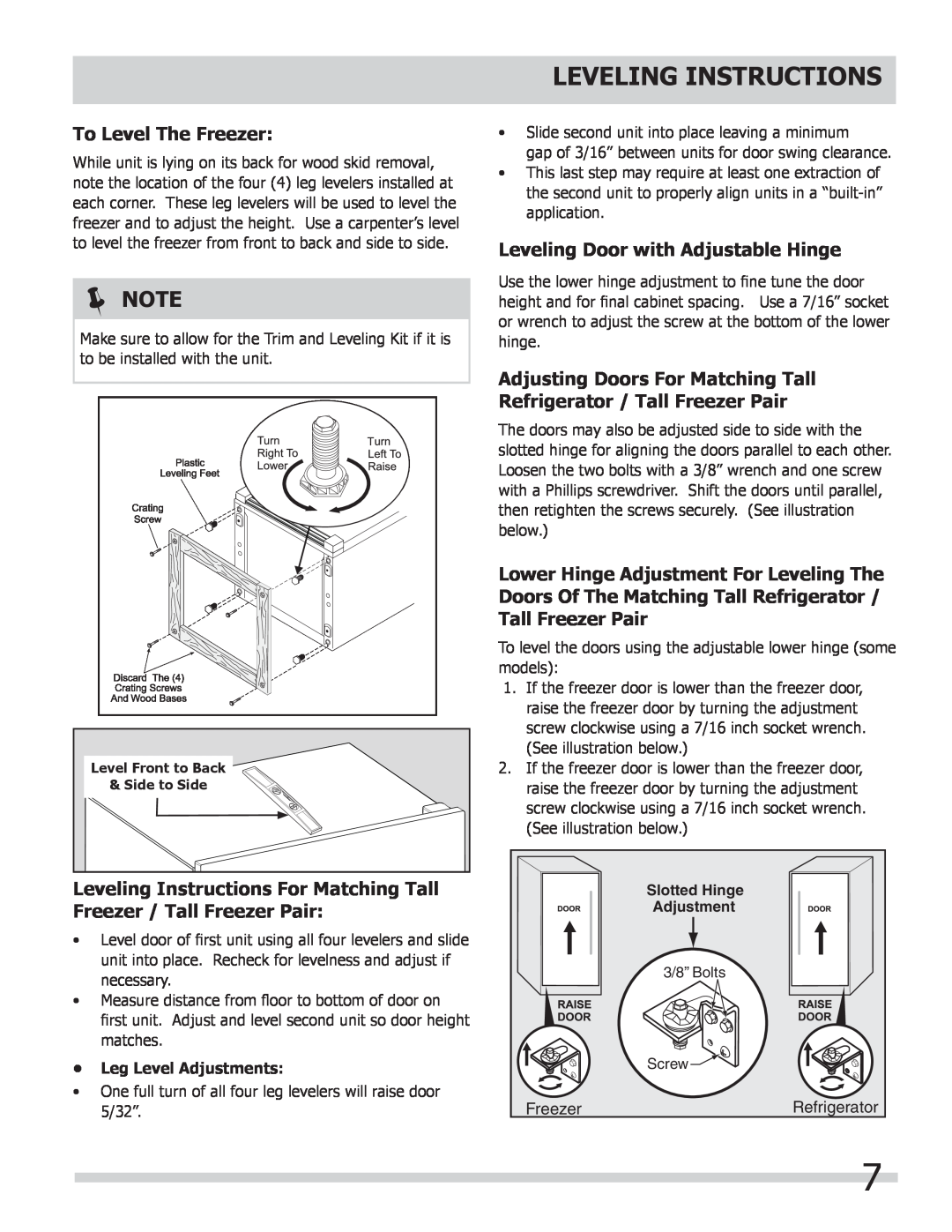 Frigidaire 297298800, FPUH19D7LF Leveling Instructions, To Level The Freezer, Leveling Door with Adjustable Hinge,  Note 