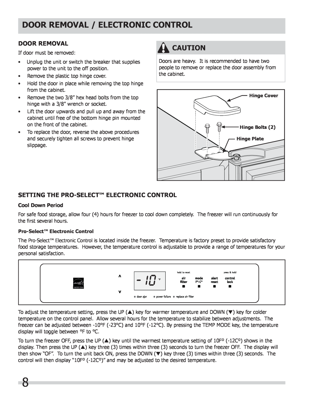 Frigidaire FPUH19D7LF, 297298800 Door Removal / Electronic Control, Setting The Pro-Select Electronic Control 