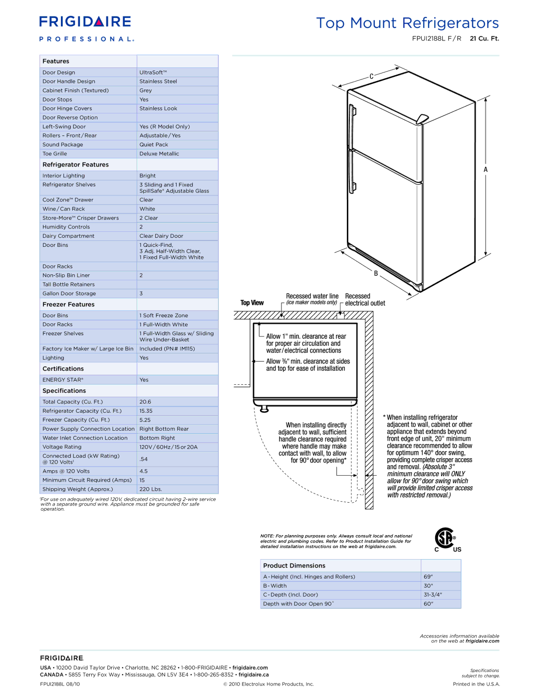 Frigidaire FPUI2188L F/R1 Refrigerator Features, Freezer Features, Certifications, Specifications, Product Dimensions 