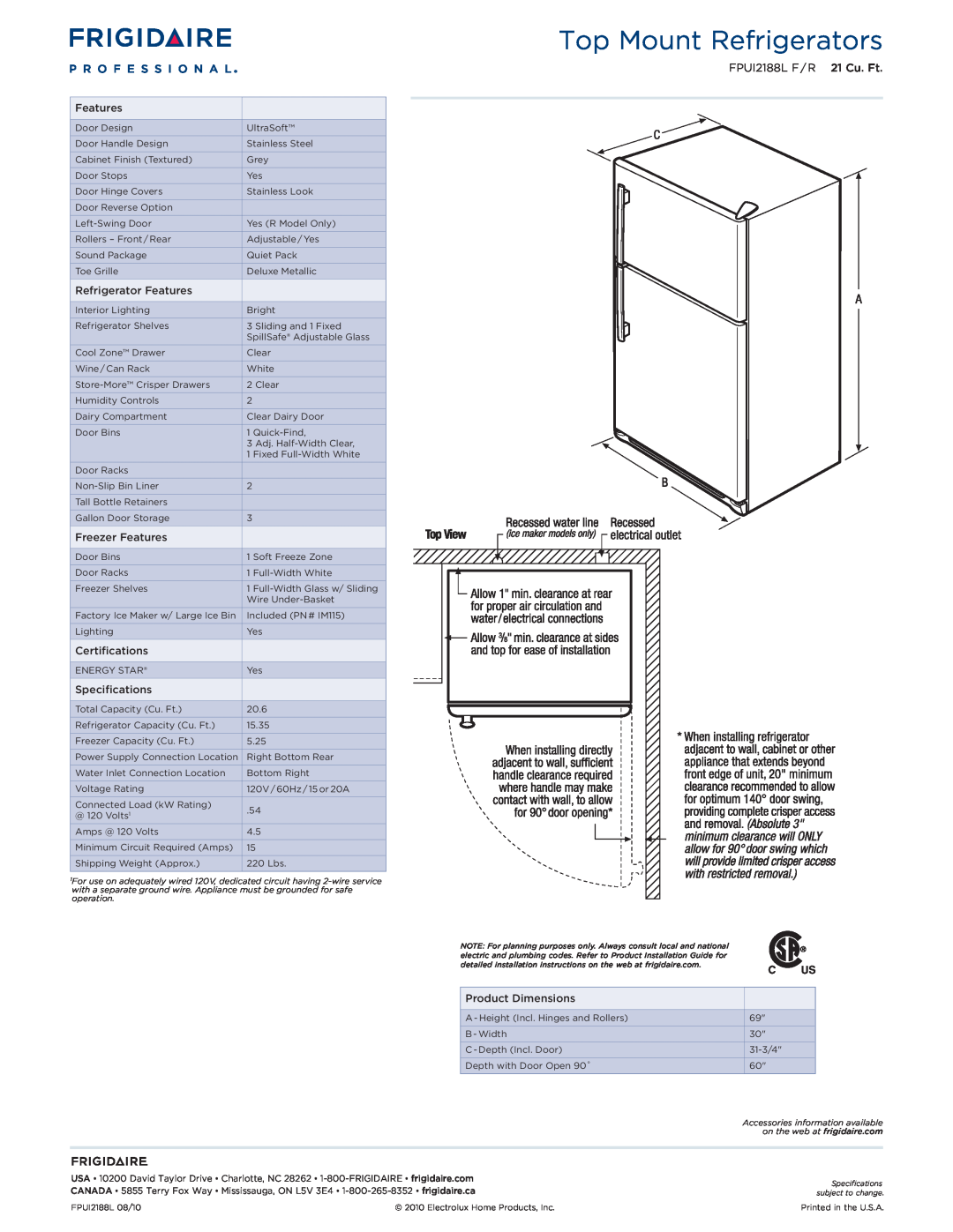 Frigidaire FPUI2188L F/R1 dimensions Top Mount Refrigerators, FPUI2188L F / R 21 Cu. Ft 