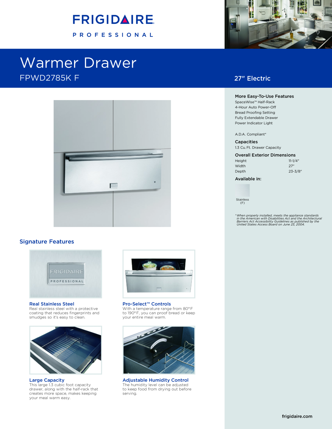 Frigidaire FPWD2785K dimensions Real Stainless Steel, Pro-SelectControls, Large Capacity, Adjustable Humidity Control 