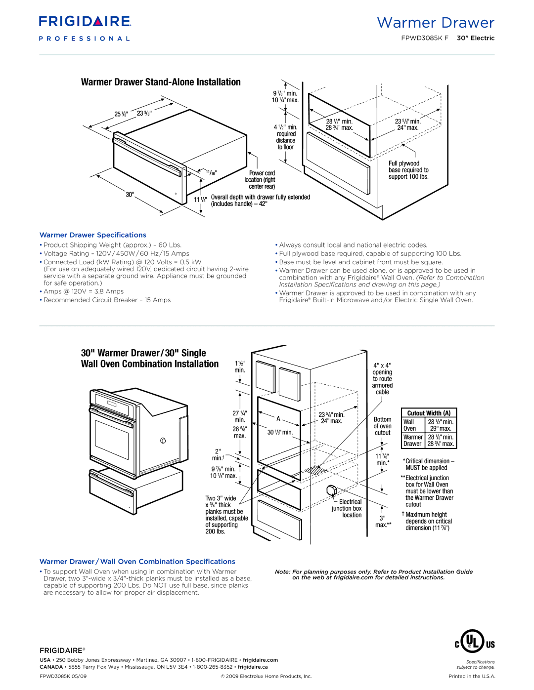 Frigidaire FPWD3085KF dimensions Warmer Drawer Specifications, Warmer Drawer / Wall Oven Combination Specifications 