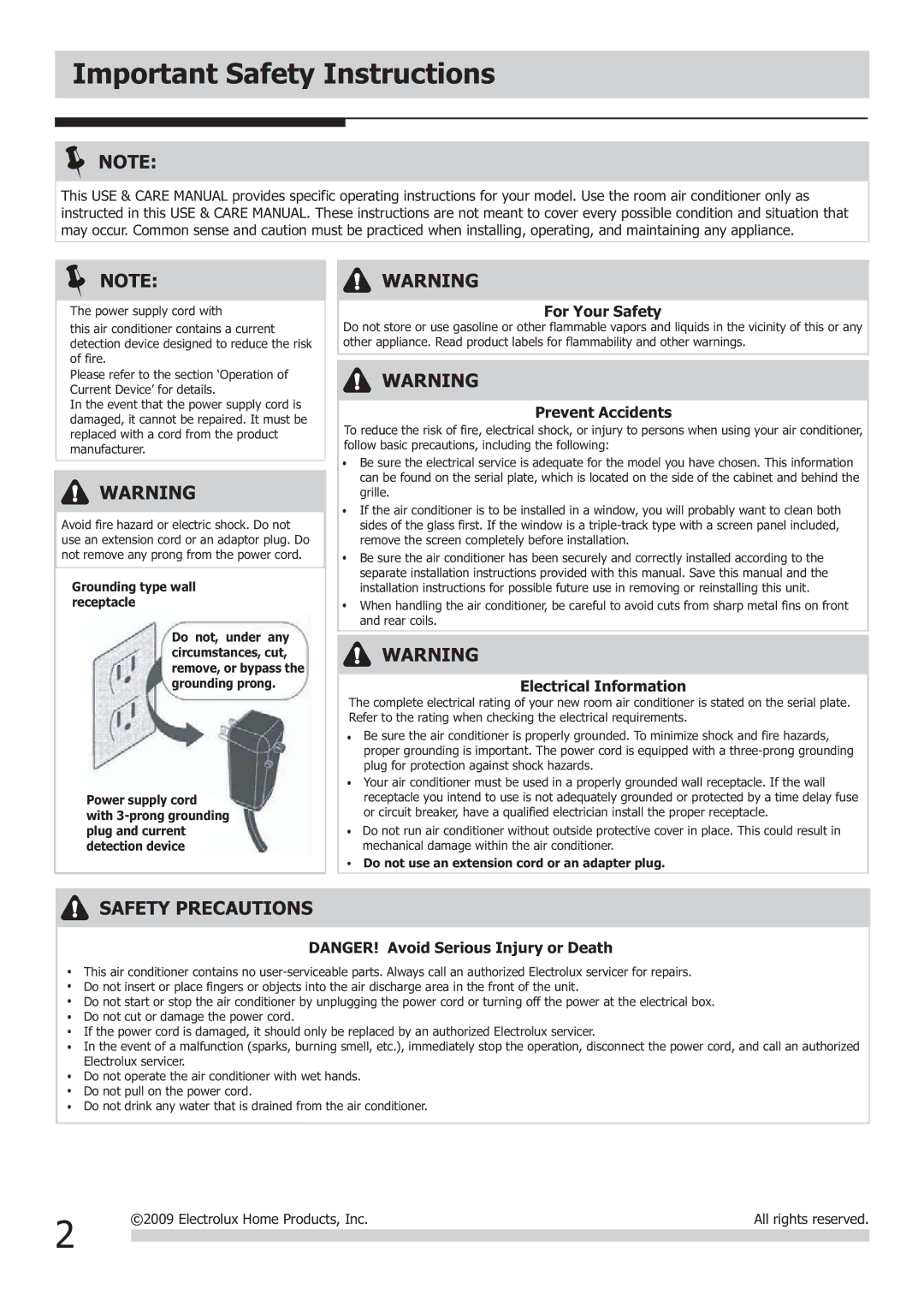 Frigidaire FRA053XT7, FRA052XT7 important safety instructions Important Safety Instructions, Grounding type wall receptacle 