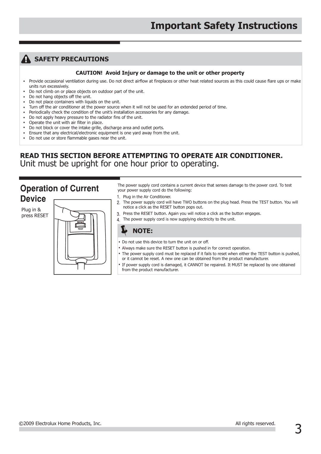 Frigidaire FRA052XT7, FRA053XT7 important safety instructions Unit must be upright for one hour prior to operating 