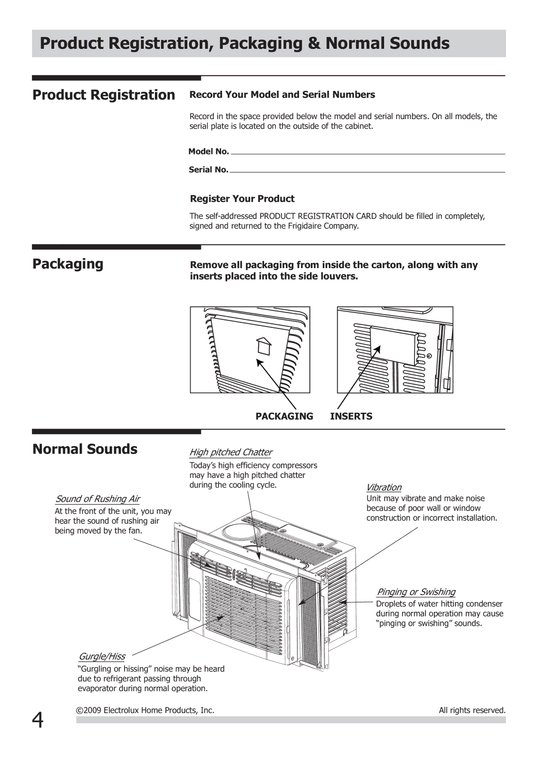 Frigidaire FRA053XT7, FRA052XT7 Product Registration, Packaging & Normal Sounds, Register Your Product 