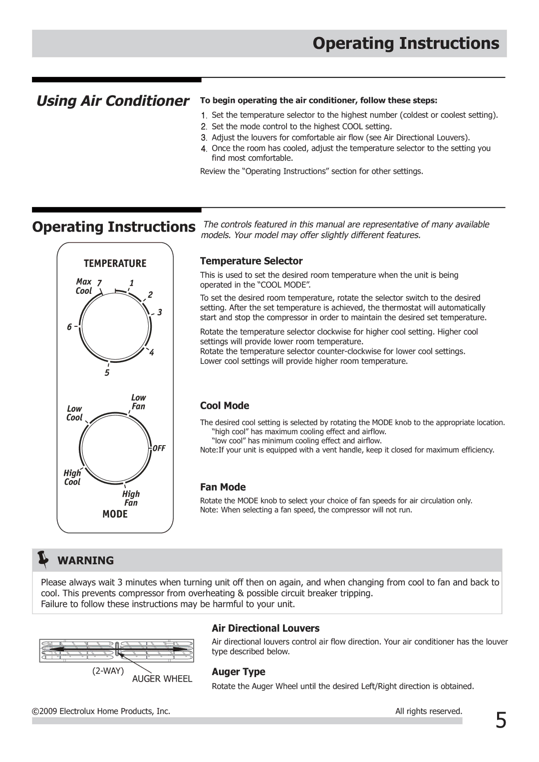 Frigidaire FRA052XT7, FRA053XT7 important safety instructions Operating Instructions, Temperature Selector 