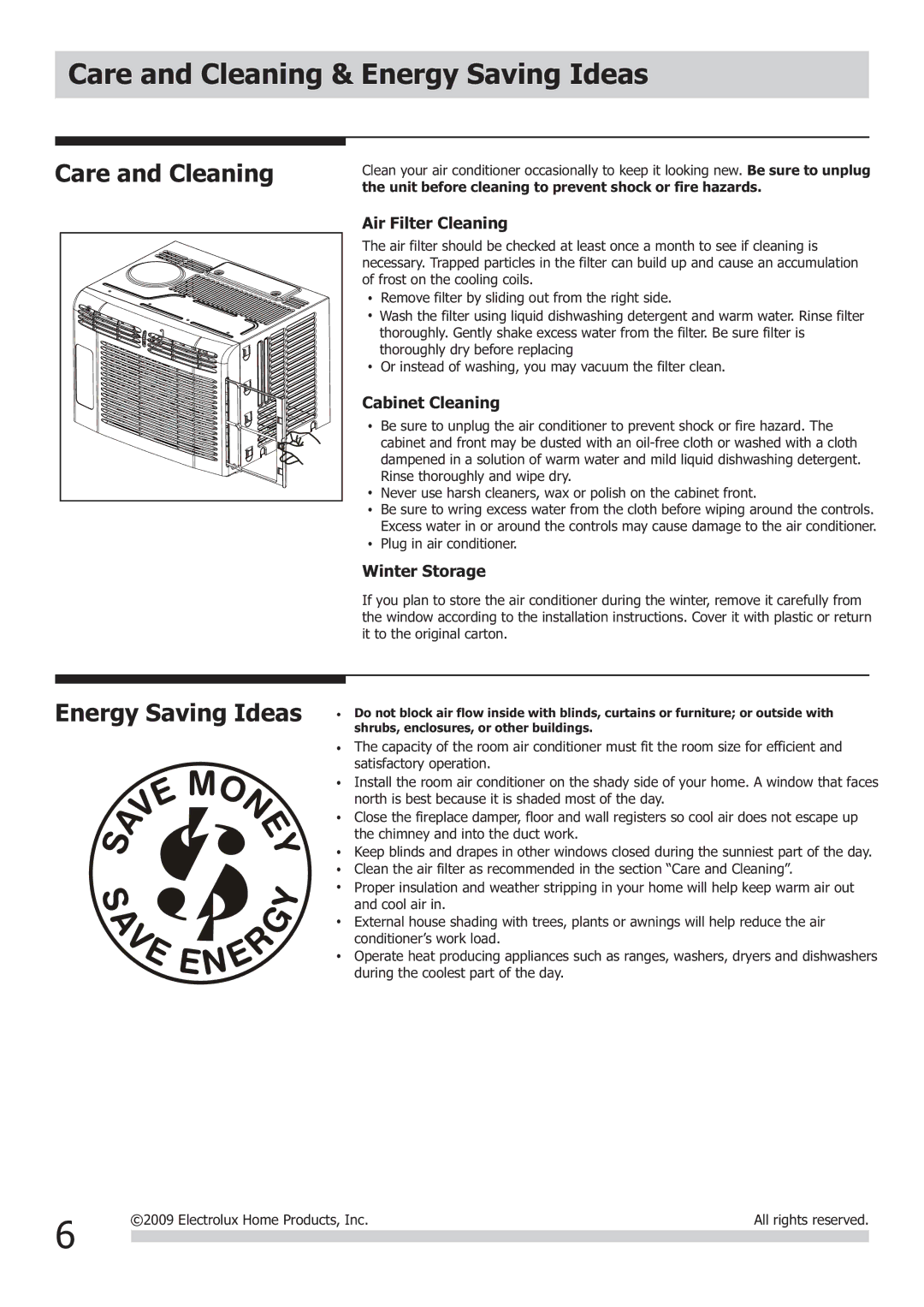 Frigidaire FRA053XT7 Care and Cleaning & Energy Saving Ideas, Air Filter Cleaning, Cabinet Cleaning, Winter Storage 