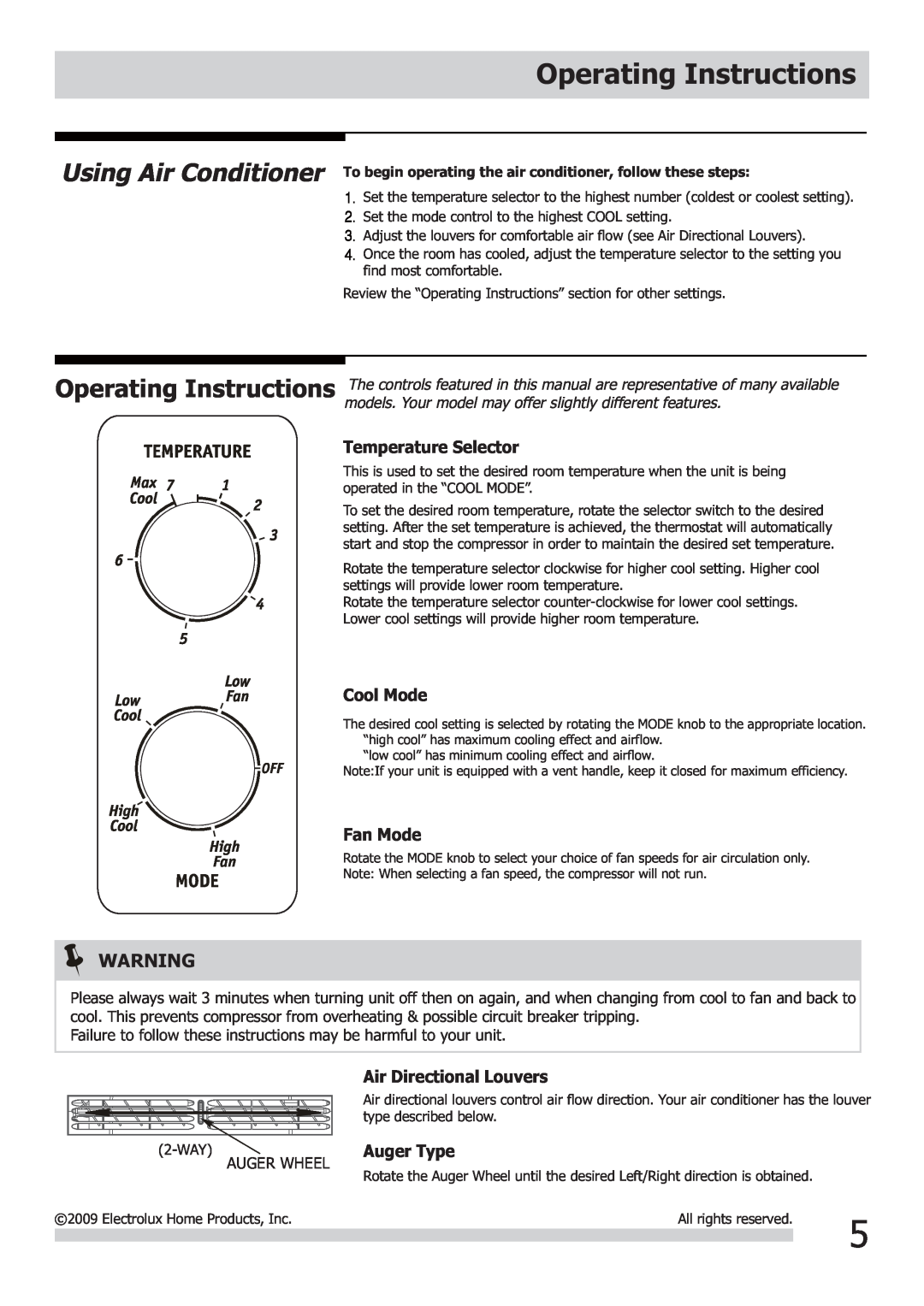 Frigidaire FRA052XT7, FRA053XT7 Operating Instructions, Temperature Selector, Cool Mode, Fan Mode, Air Directional Louvers 