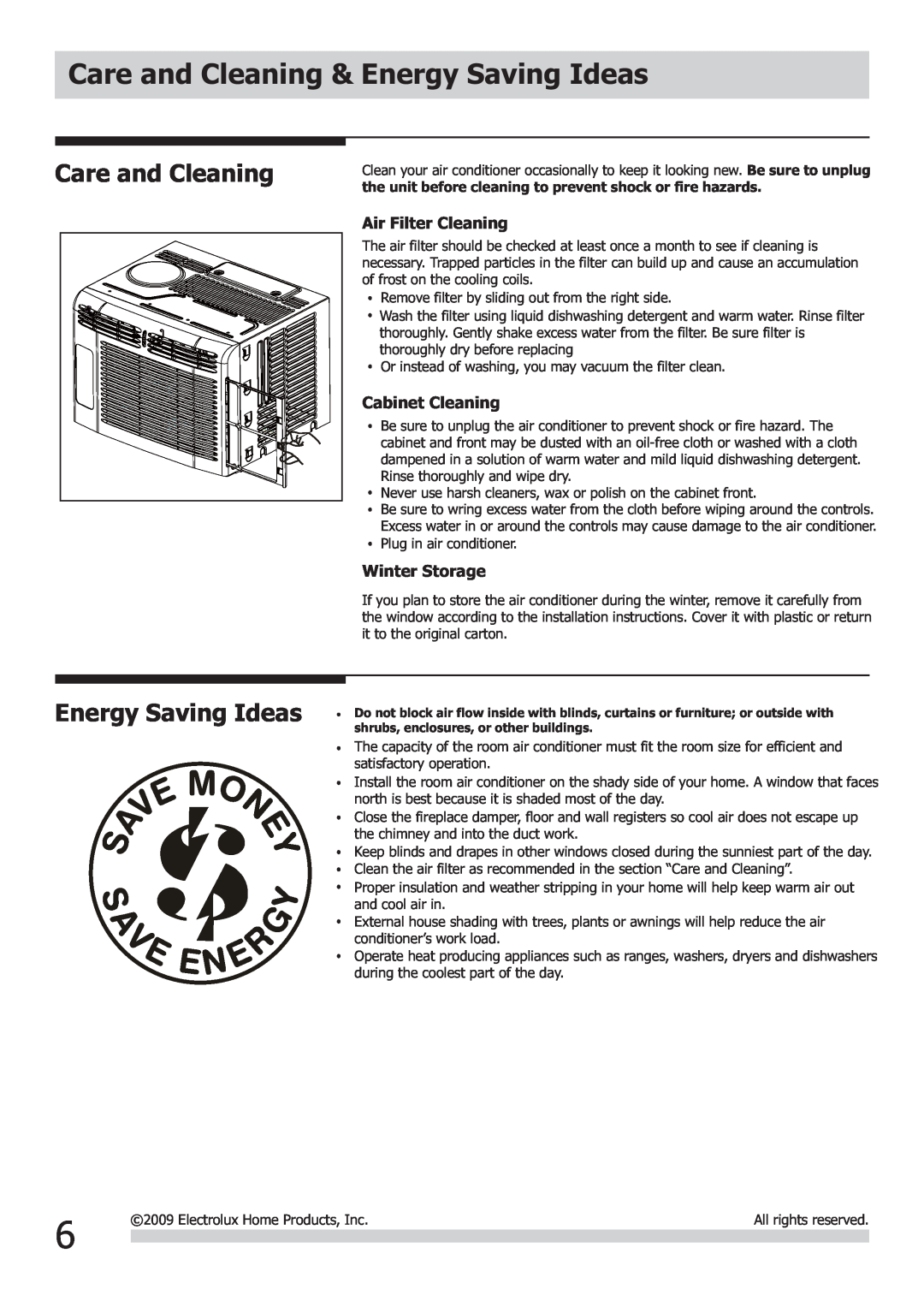 Frigidaire FRA053XT7 Care and Cleaning & Energy Saving Ideas, Air Filter Cleaning, Cabinet Cleaning, Winter Storage 