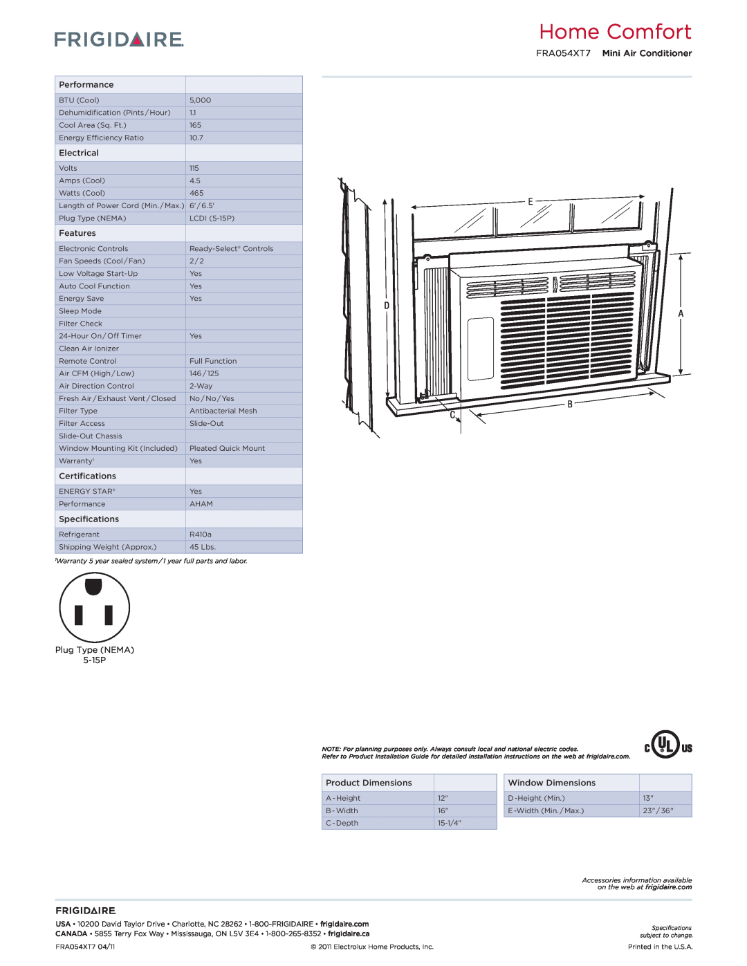Frigidaire dimensions Home Comfort, E D A B C, FRA054XT7 Mini Air Conditioner 