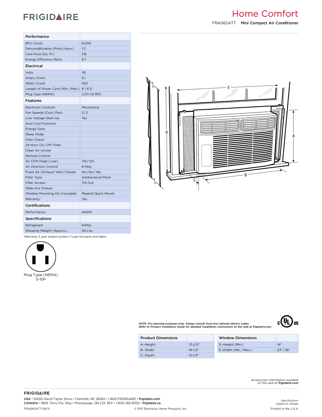 Frigidaire FRA062AT7 Electrical, Features, Certifications, Specifications, Plug Type Nema 15P, Product Dimensions 