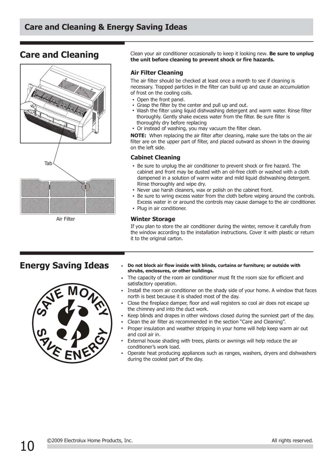 Frigidaire FRA064VU1 important safety instructions Care and Cleaning 