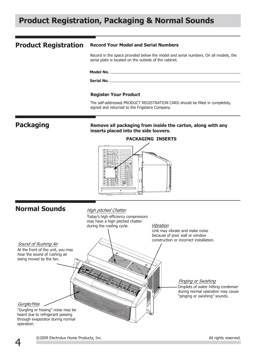 Frigidaire FRA064VU1 important safety instructions Product Registration, Packaging & Normal Sounds 