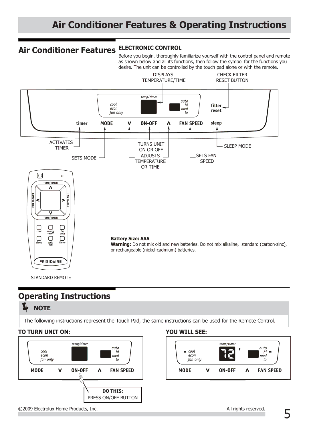 Frigidaire FRA064VU1 Air Conditioner Features & Operating Instructions, To Turn Unit on YOU will see 