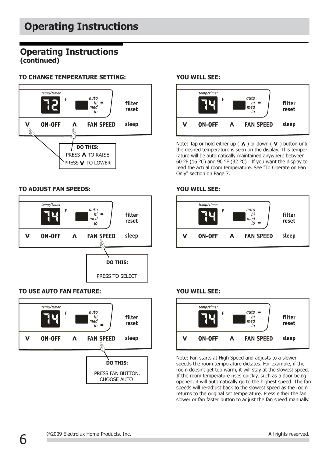 Frigidaire FRA064VU1 Operating Instructions, To Adjust FAN Speeds, To USE Auto FAN Feature YOU will see 