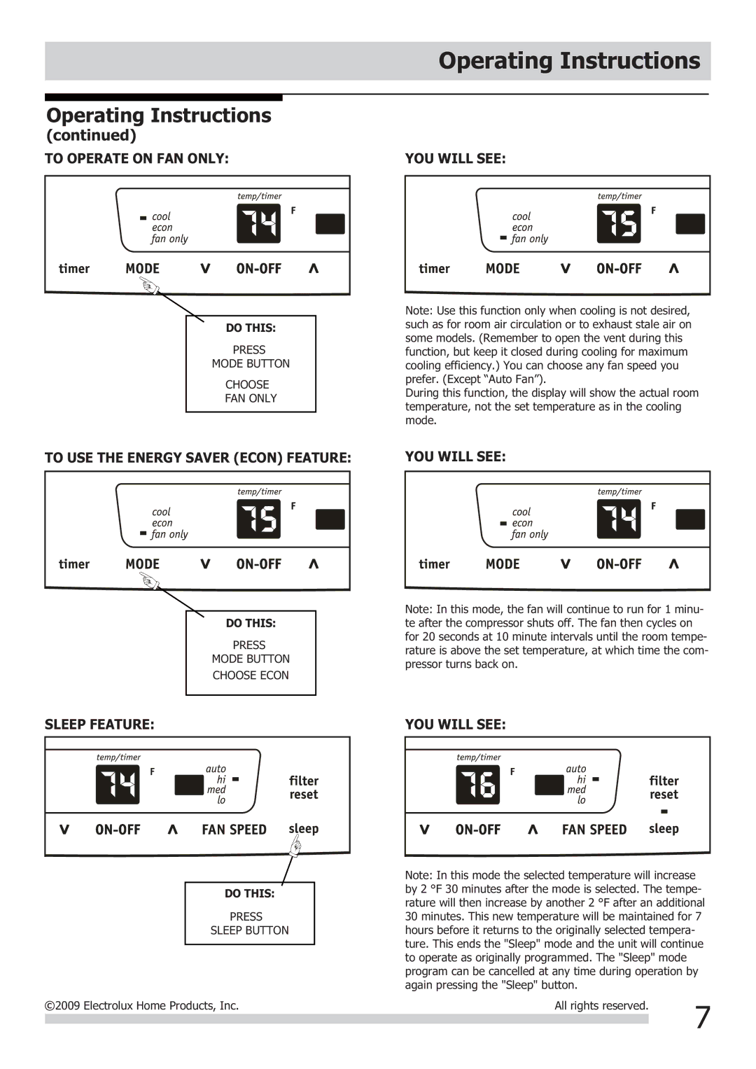 Frigidaire FRA064VU1 To Operate on FAN only, To USE the Energy Saver Econ Feature, Sleep Feature 