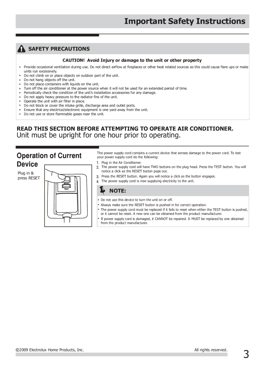 Frigidaire FRA106CV1, FRA065AT7 important safety instructions Unit must be upright for one hour prior to operating 