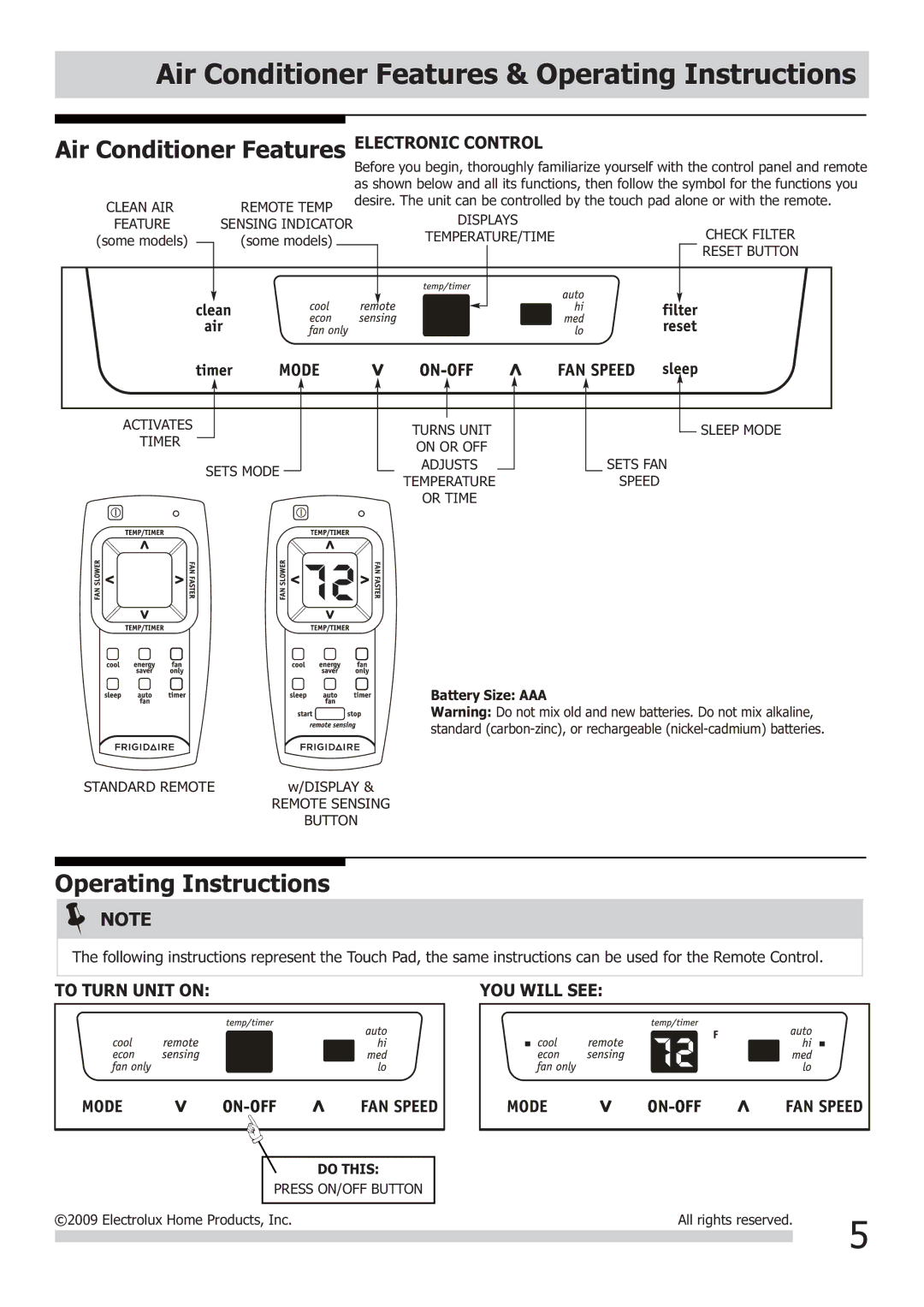 Frigidaire FRA106CV1 Air Conditioner Features & Operating Instructions, Electronic Control, To Turn Unit on YOU will see 