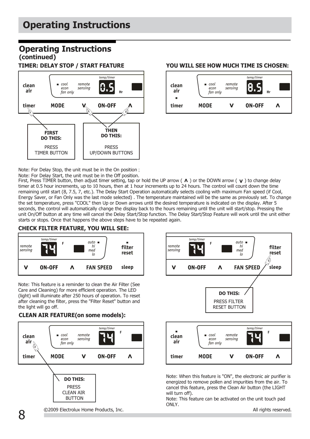 Frigidaire FRA065AT7, FRA106CV1 Timer Delay Stop / Start Feature, Check Filter FEATURE, YOU will see 