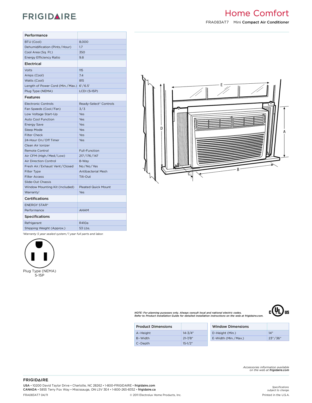 Frigidaire FRA083AT7 Electrical, Features, Certifications, Specifications, Plug Type Nema 15P, Product Dimensions 