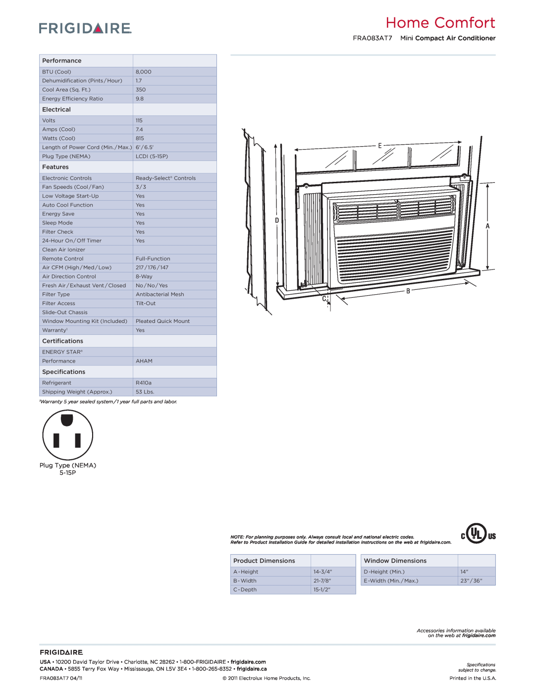 Frigidaire dimensions Home Comfort, E D A B C, FRA083AT7 Mini Compact Air Conditioner 