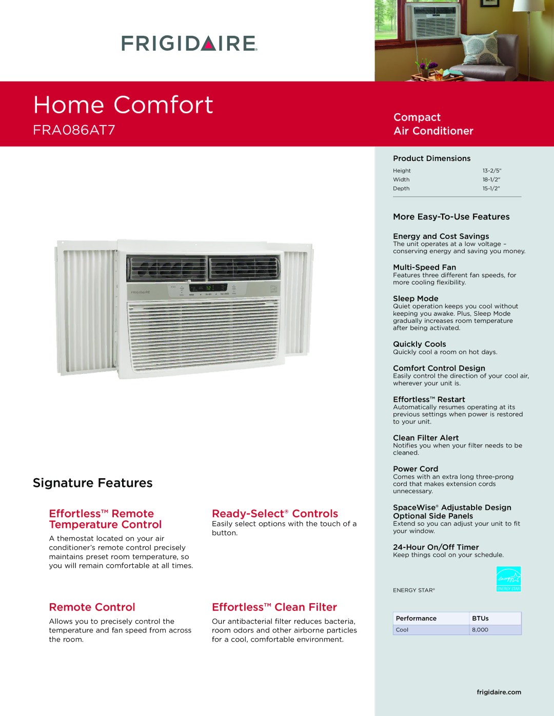 Frigidaire FRA086AT7 dimensions Effortless Remote Temperature Control, Ready-Select Controls 