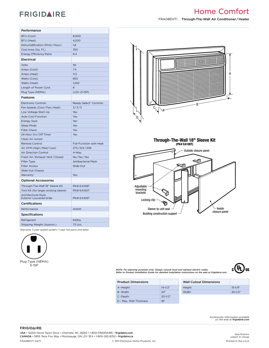 Frigidaire FRA08EHTI dimensions Performance, Electrical, Features, Optional Accessories, Certifications, Specifications 